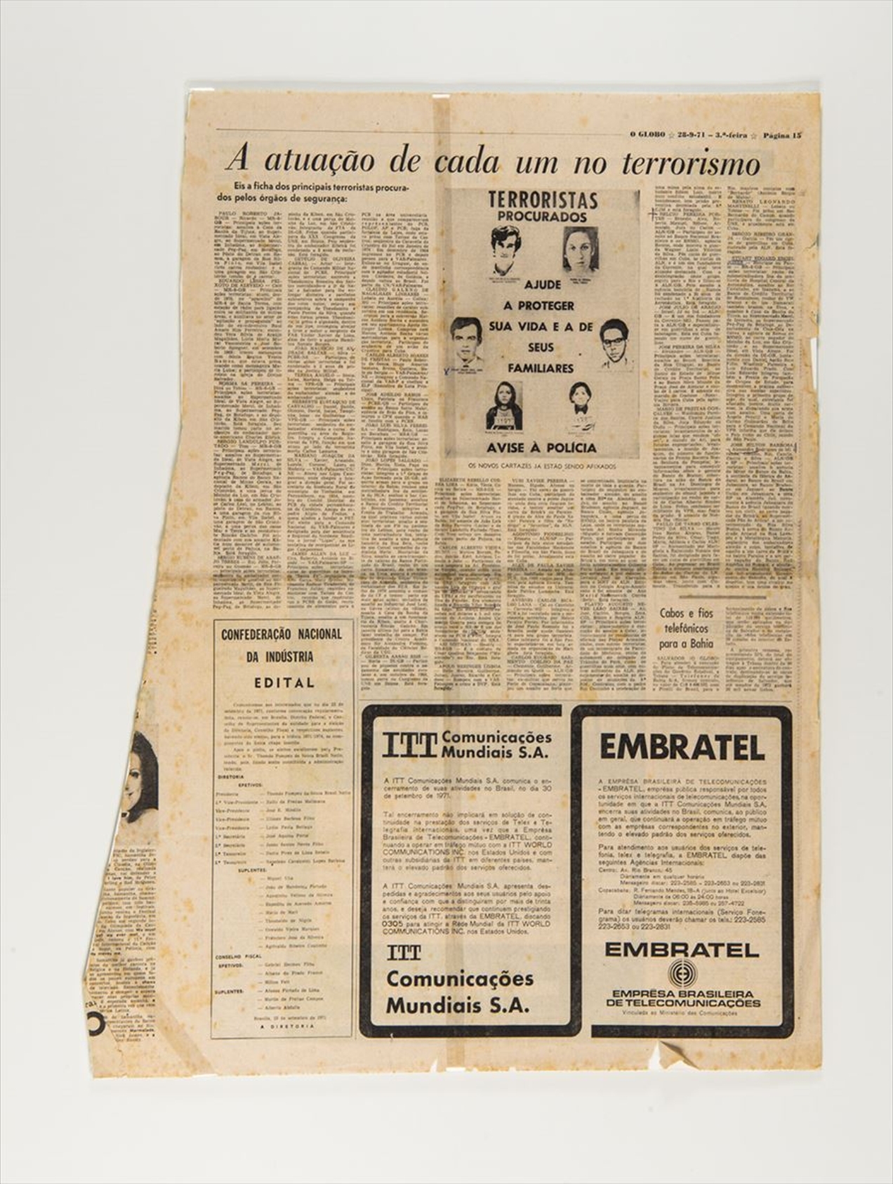 Notícia do jornal O Globo com informações sobre os então procurados pelos órgãos de segurança como terroristas, dentre os quais Stuart Angel